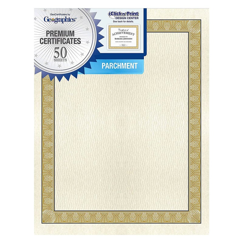Geographics Award Blank Certificate Paper, 8.5 x 11", Natural Diplomat Golden Border Design (Pack of 50) - Image 1